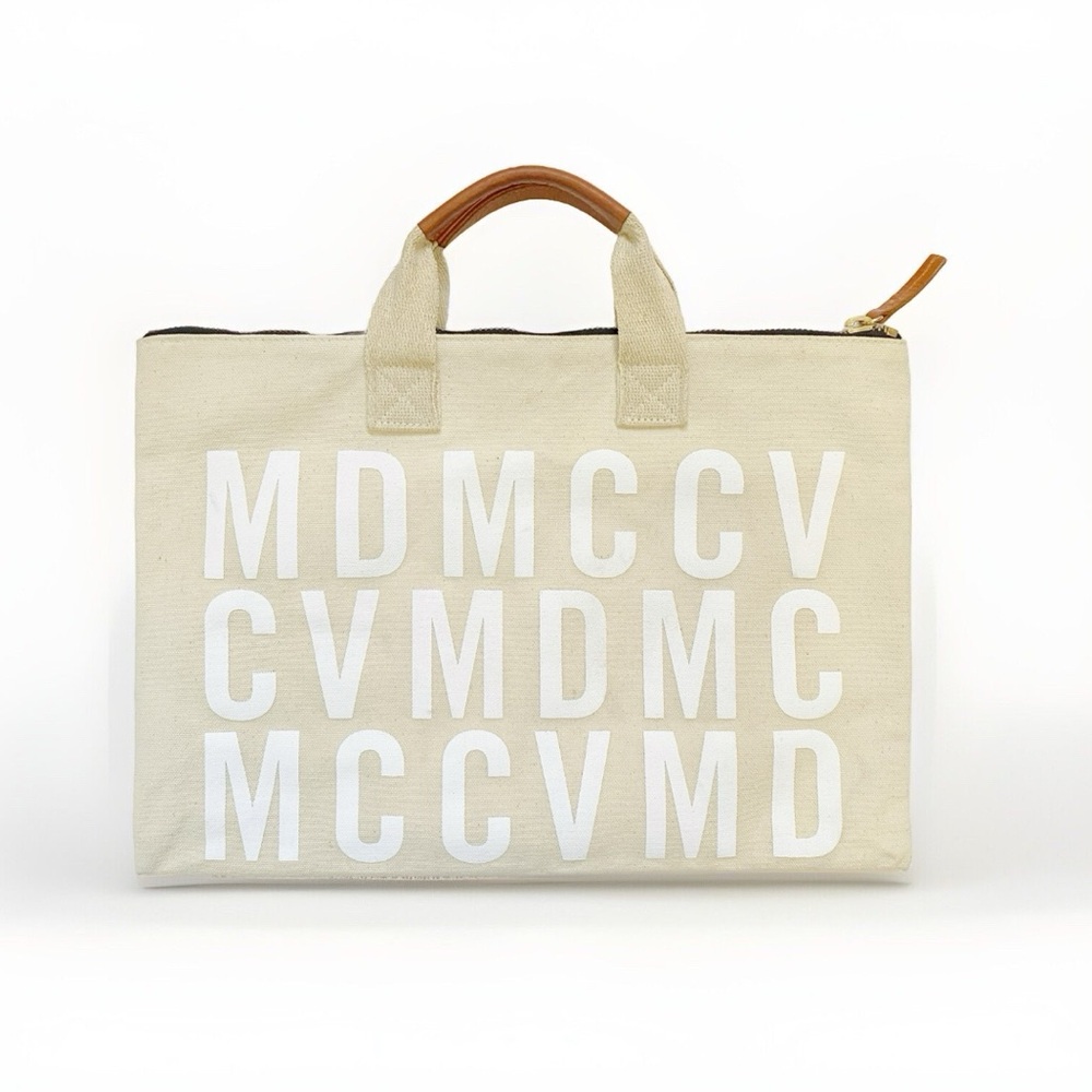 CLARE V. MIKE D MDCV beige white canvas Roman numeral zipper slim tote bag